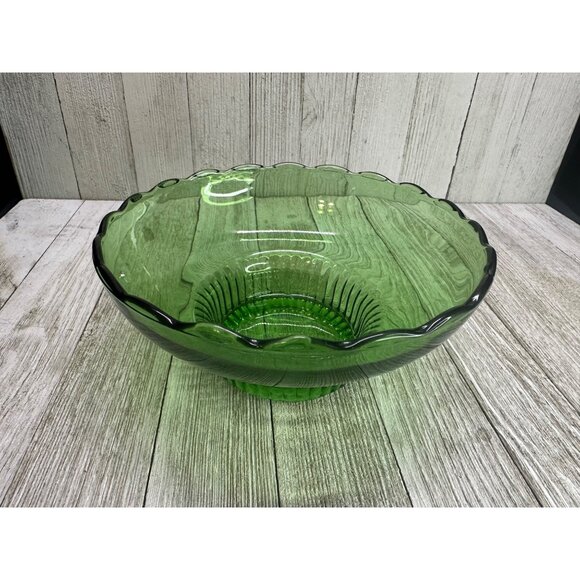 Vintage E.O Brody Bowl Glass Green Scalloped Rim Ribbed Pedestal Base 7" DIA - Picture 3 of 13